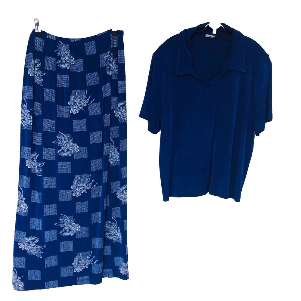 Y2K Citiknits Womens Maxi Skirt Set Blu Slinky Jersey Knit Office USA Travel S/M